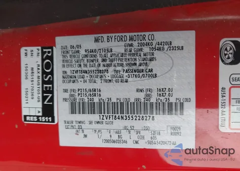 2005 Ford Mustang from USA, damaged, VIN 1ZVFT84N355228278